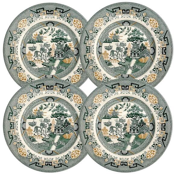 Royal Stafford Dinner Plates 11in Green & Gold Willow Pagoda Set of 4 New - Picture 5 of 16